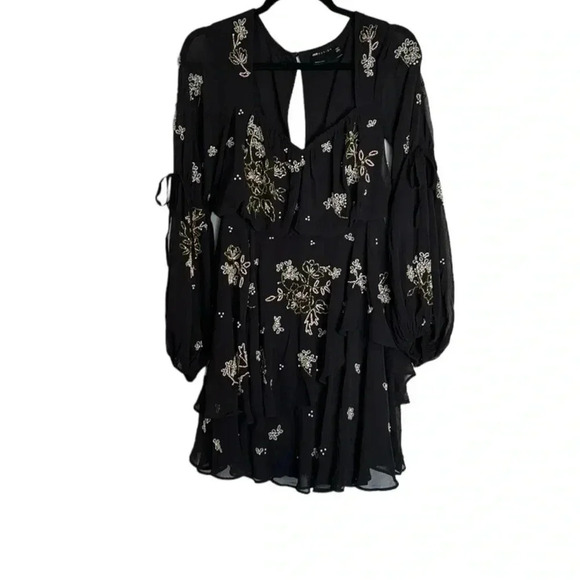 ASOS Design Black Long Sleeve Beaded Mini Evening Cocktail Dress Size 2 Holiday - Picture 1 of 13